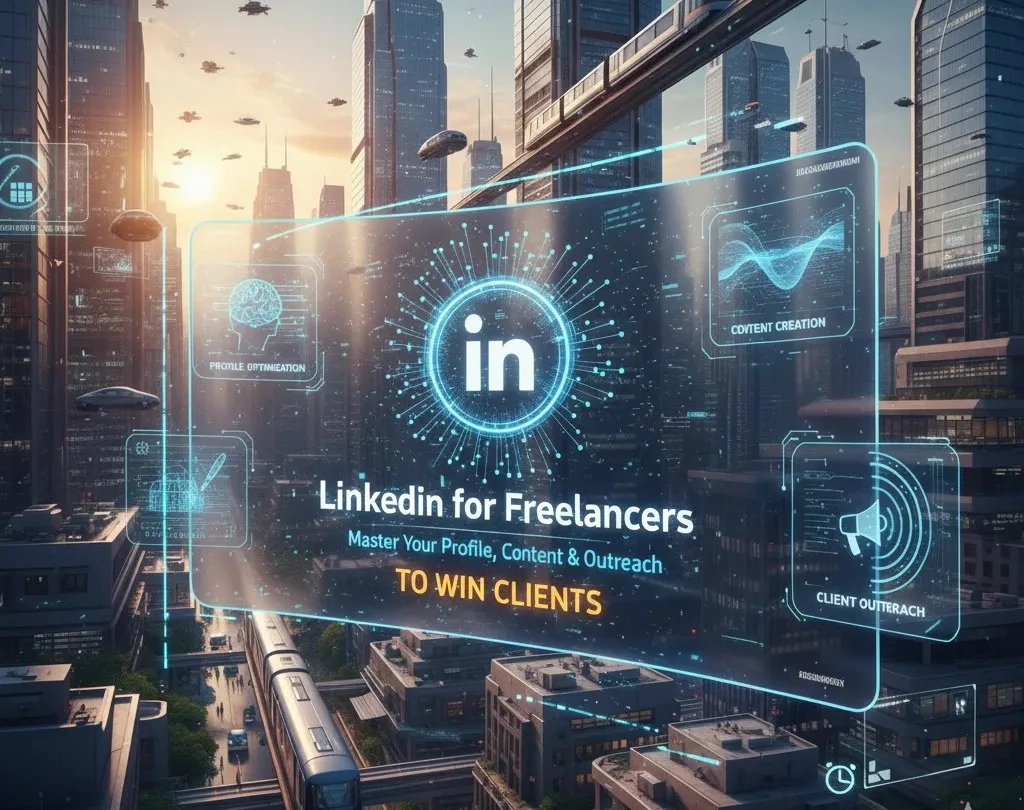 LinkedIn for freelancers visual showing profile optimization, content creation, and client outreach to win clients in a digital futuristic city.